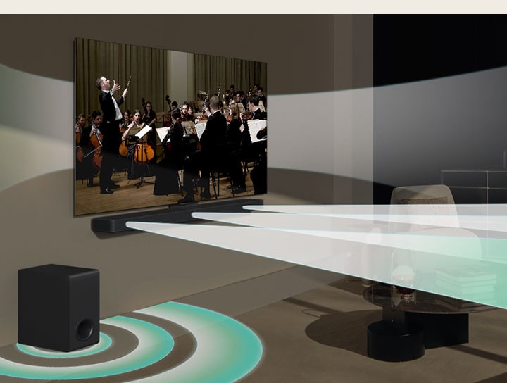 Concert scene is being played on LG TV on the wall. Virtual sound effect is coming out from LG TV, LG Soundbar S60T and its sub woofer simultaneously, showing how WOW Orchestra is created.