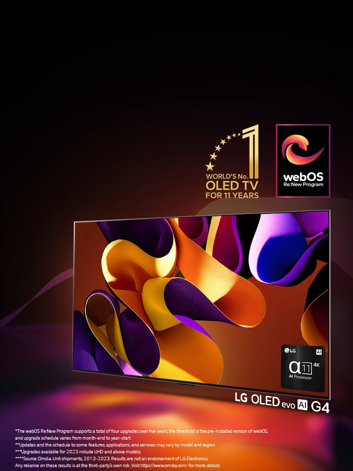 LG OLED evo TV AI G4 with an abstract, colorful artwork on screen against a black backdrop with subtle swirls of color. Light radiates from the screen, casting colorful shadows. The alpha 11 AI Processor 4K is at the bottom right corner of the TV screen. The "World's number 1 OLED TV for 11 Years" emblem and "webOS Re:New Program" logo are in the image. A disclaimer reads: "The webOS Re:New Program supports a total of four upgrades over five years, the threshold is the pre-installed version of webOS, and upgrade schedule varies from month-end to year-start." "Updates and the schedule to some features, applications, and services may vary by model and region." "Upgrades available for 2023 include UHD and above models." "Source: Omdia. Unit shipments, 2013 to 2023. Results are not an endorsement of LG Electronics. Any reliance on these results is at the third party’s own risk. Visit https://www.omdia.com/ for more details."