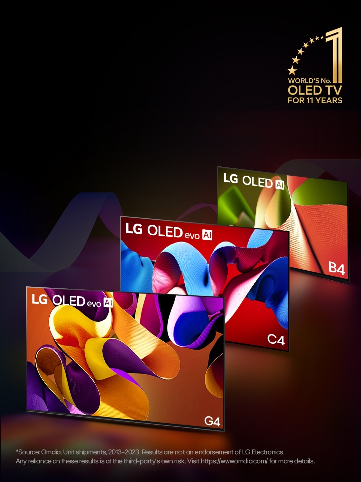LG OLED evo AI TV C4, evo G4, and B4 standing in a line against a black backdrop with subtle swirls of color. The "World's number 1 OLED TV for 11 Years" emblem is in the image.  A disclaimer reads: "Source: Omdia. Unit shipments, 2013 to 2023. Results are not an endorsement of LG Electronics. Any reliance on these results is at the third party’s own risk. Visit https://www.omdia.com/ for more details."