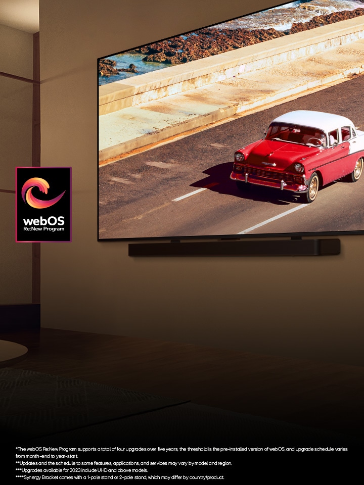 LG QNED AI TV and Soundbar mounted on a wall in a softly lit room. On the TV, a red vehicle on the road is displayed. The "webOS Re:New Program" logo is in the image. A disclaimer reads: "The webOS Re:New Program supports a total of four upgrades over five years, the threshold is the pre-installed version of webOS, and upgrade schedule varies from month-end to year-start." "Updates and the schedule to some features, applications, and services may vary by model and region." "Synergy Bracket comes with a 1-pole stand or 2-pole stand, which may differ by country/product."