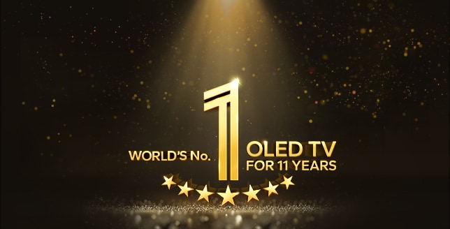 สัญลักษณ์สีทองของOLED TV อันดับ 1 ของโลกในรอบ 11 ปี บนฉากหลังสีดำ สปอตไลต์ส่องแสงบนสัญลักษณ์ และดาวเสมือนจริงสีทองเต็มอวกาศ