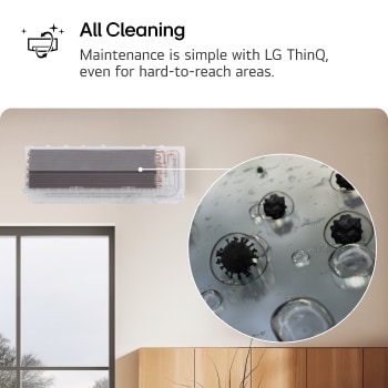 รูปภาพแสดงคุณสมบัติ All Cleaning ของเครื่องปรับอากาศ LG ภาพนี้เน้นให้เห็นถึงขั้นตอนการทำความสะอาดภายใน โดยภาพระยะใกล้แสดงให้เห็นคราบสกปรกและเชื้อโรคที่ถูกกำจัดออกไป ข้อความระบุว่า 'การทำความสะอาดทั้งหมด การบำรุงรักษาทำได้ง่ายด้วย LG ThinQ แม้กระทั่งในบริเวณที่เข้าถึงยาก'