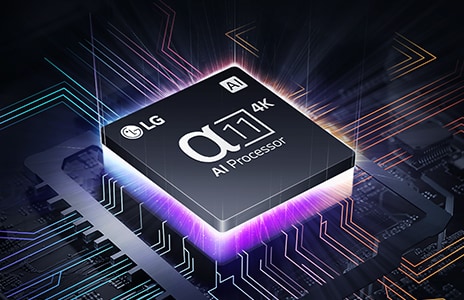 โปรเซสเซอร์ alpha 11 AI 4K ที่ด้านบนของมาเธอร์บอร์ด ปล่อยแสงสีม่วงและสีชมพู