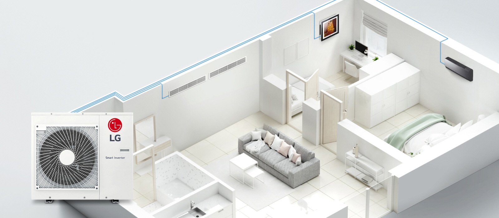 มุมมองภายในบ้านแสดงให้เห็นท่อเชื่อมต่อกับเครื่องปรับอากาศ LG Smart Inverter 3 เครื่องที่ติดตั้งในแต่ละห้อง