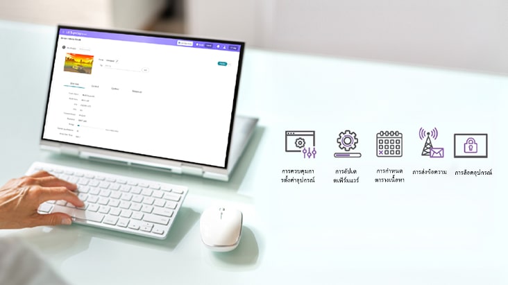 ภาพนี้เป็นภาพแสดงแบบจัดฉาก แสดงให้เห็นการตรวจสอบและควบคุมอุปกรณ์ในสถานที่ต่างๆ จากเว็บไซต์ LG SuperSign Cloud