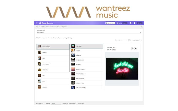 การสาธิตฉากที่แสดงการใช้งานโซลูชัน Wantreez Music ภายในหน้าเว็บ LG SuperSign Cloud