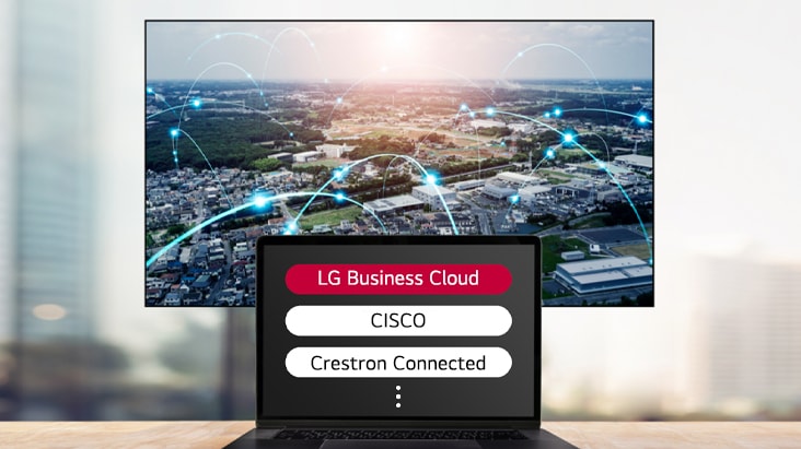 ภาพนี้แสดงให้เห็นว่าโซลูชันเช่น LG Business Cloud และ Cisco สามารถบูรณาการกับจอแสดงผลได้อย่างราบรื่น