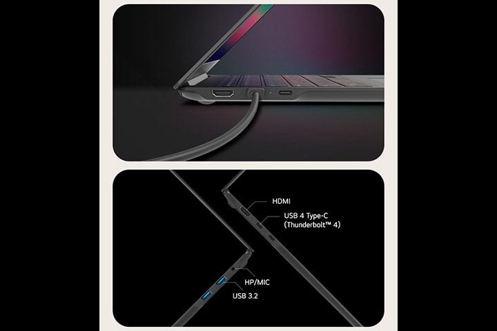 HDMI, USB 4 Type-C (Thunderbolt™ 4), HP/MIC, USB 3.2.