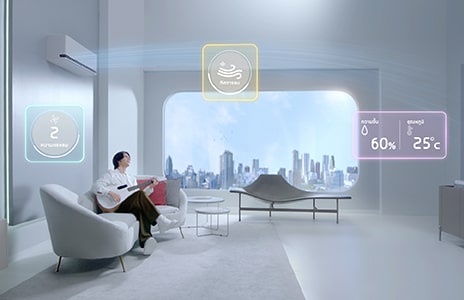 เจฟ ซาเตอร์ ขณะกำลังเล่นกีต้าร์ในห้องที่มีแอร์ AI อัจฉริยะ LG DUALCOOL AI AIR