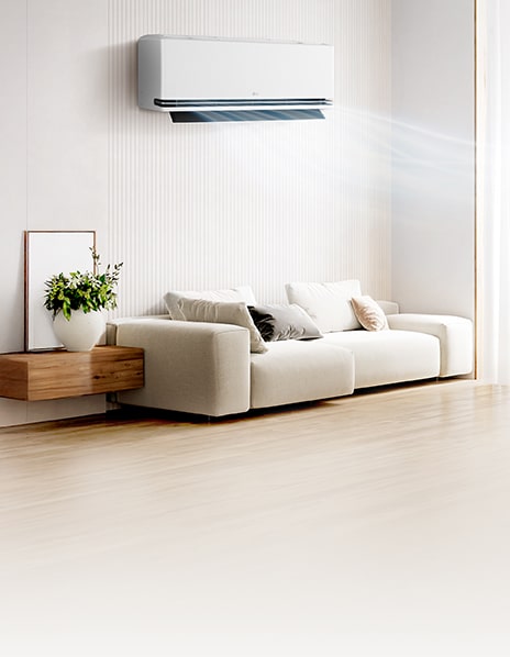เครื่องปรับอากาศในห้องนั่งเล่นสไตล์มินิมอลโทนสีเบจ