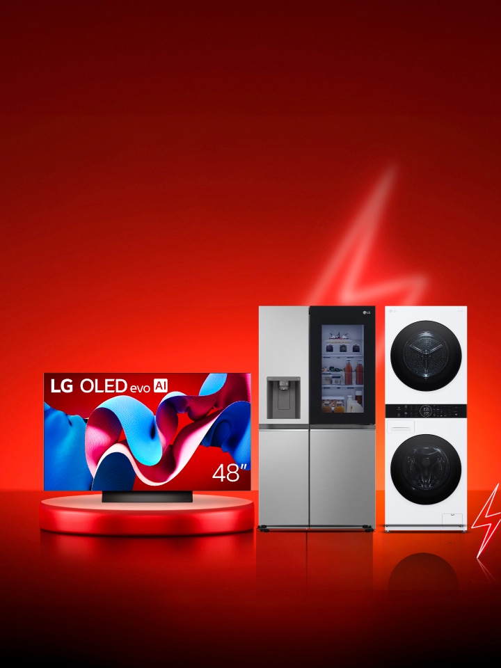 โปรโมชัน LG Flash มีสินค้าทีวี OLED ตู้เย็น InstaView และ Wash Tower ของ LG บนพื้นหลังสีแดง