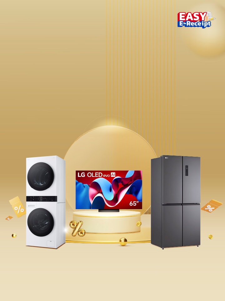 โปรโมชัน Payday ของ LG พร้อมสินค้า OLED ทีวี, ตู้เย็น 2 เครื่อง, เครื่องซักผ้าฝาหน้า บนฉากหลังสีแดง