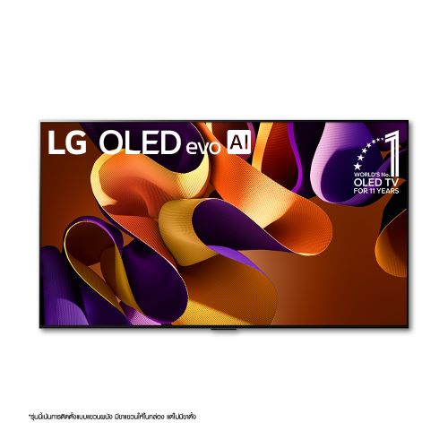 มุมมองด้านหน้าพร้อมทีวี LG OLED evo, OLED G4, สัญลักษณ์ OLED อันดับ 1 ของโลก 11 ปี และโลโก้การรับประกันแผง 5 ปีบนหน้าจอ รวมถึง Soundbar ด้านล่าง