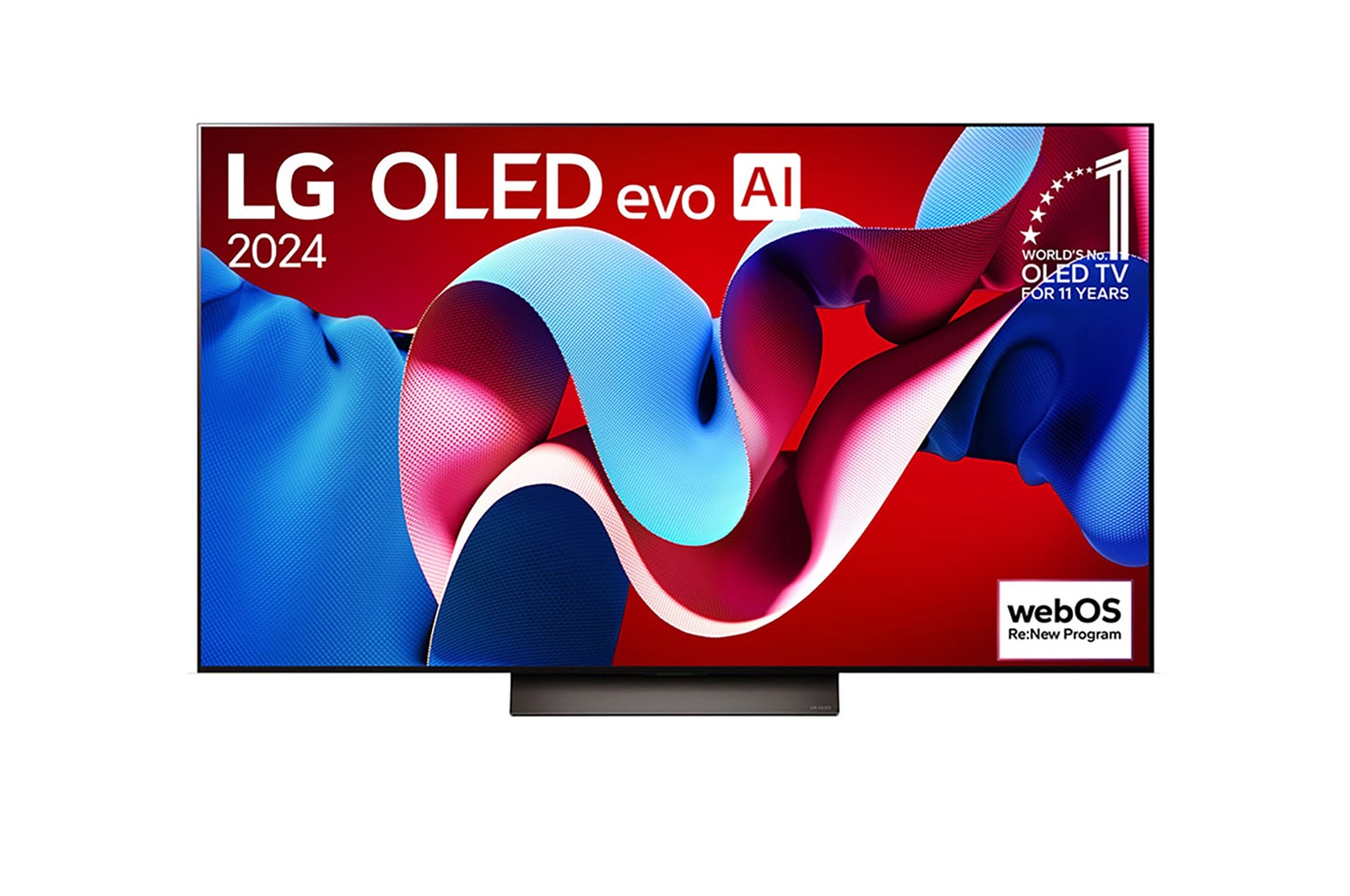 มุมมองด้านหน้าของ LG OLED evo AI TV, OLED C4, 11 ปีของโลโก้ OLED Emblem อันดับ 1 ของโลก และโลโก้โปรแกรม webOS Re:New บนหน้าจอ