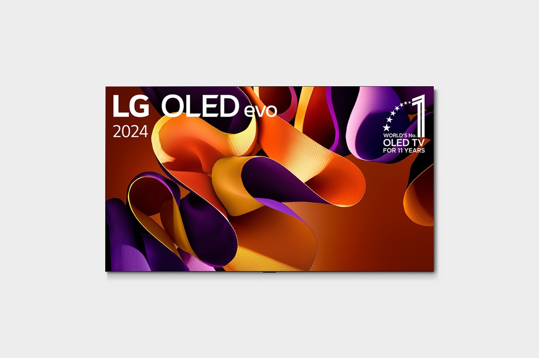 มุมมองด้านหน้าพร้อมทีวี LG OLED evo, OLED G4, สัญลักษณ์ OLED อันดับ 1 ของโลก 11 ปี และโลโก้การรับประกันแผง 5 ปีบนหน้าจอ