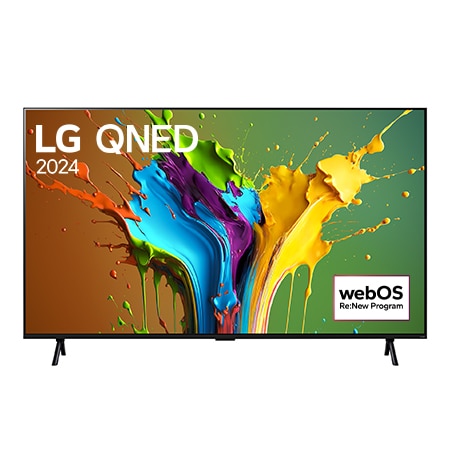 มุมมองด้านหน้าของ LG QNED TV, QNED89 พร้อมข้อความของ LG QNED, 2024 และโลโก้โปรแกรม webOS Re:New บนหน้าจอ