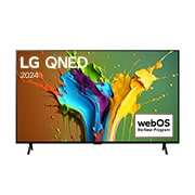 มุมมองด้านหน้าของ LG QNED TV, QNED89 พร้อมข้อความของ LG QNED, 2024 และโลโก้โปรแกรม webOS Re:New บนหน้าจอ