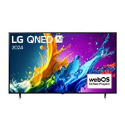 มุมมองด้านหน้าของ LG QNED TV, QNED85 พร้อมข้อความของ LG QNED, 2024 และโลโก้โปรแกรม webOS Re:New บนหน้าจอ