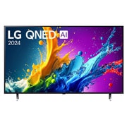 มุมมองด้านหน้าของ LG QNED TV, QNED85 พร้อมข้อความของ LG QNED, 2024 และโลโก้โปรแกรม webOS Re:New บนหน้าจอ