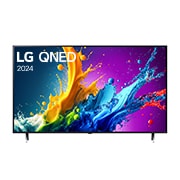 มุมมองด้านหน้าของ LG QNED TV, QNED85 พร้อมข้อความของ LG QNED, 2024 และโลโก้โปรแกรม webOS Re:New บนหน้าจอ