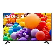 มุมมองด้านหน้าของ LG UHD TV, UT73 พร้อมข้อความ LG UHD AI, 2024 และโลโก้ webOS Re:New Program บนหน้าจอ