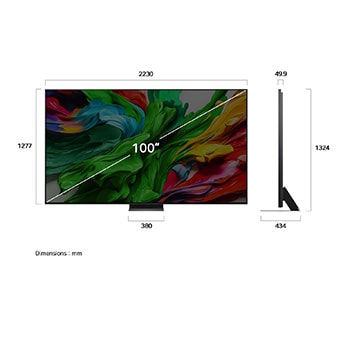 มุมมองด้านหน้าและด้านข้างของทีวีอัจฉริยะ 4K รุ่น LG QNED evo AI QNED85 ที่แสดงขนาดความยาว ความกว้าง ความสูง และความลึก