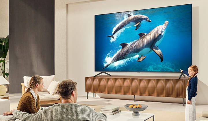 เด็กหญิงและสุนัขนั่งอยู่หน้าทีวี LG QNED ที่ติดตั้งบนผนังแสดงให้เห็นช้างสามตัวเดินออกไปเหนือ LG Soundbar