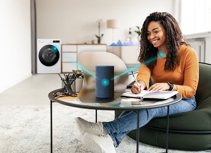 The woman is sitting on the sofa and the middle icon shows the voice recognition speaker. There is a washing machine in the background The washing machine, the speaker, and the woman are shown by lines