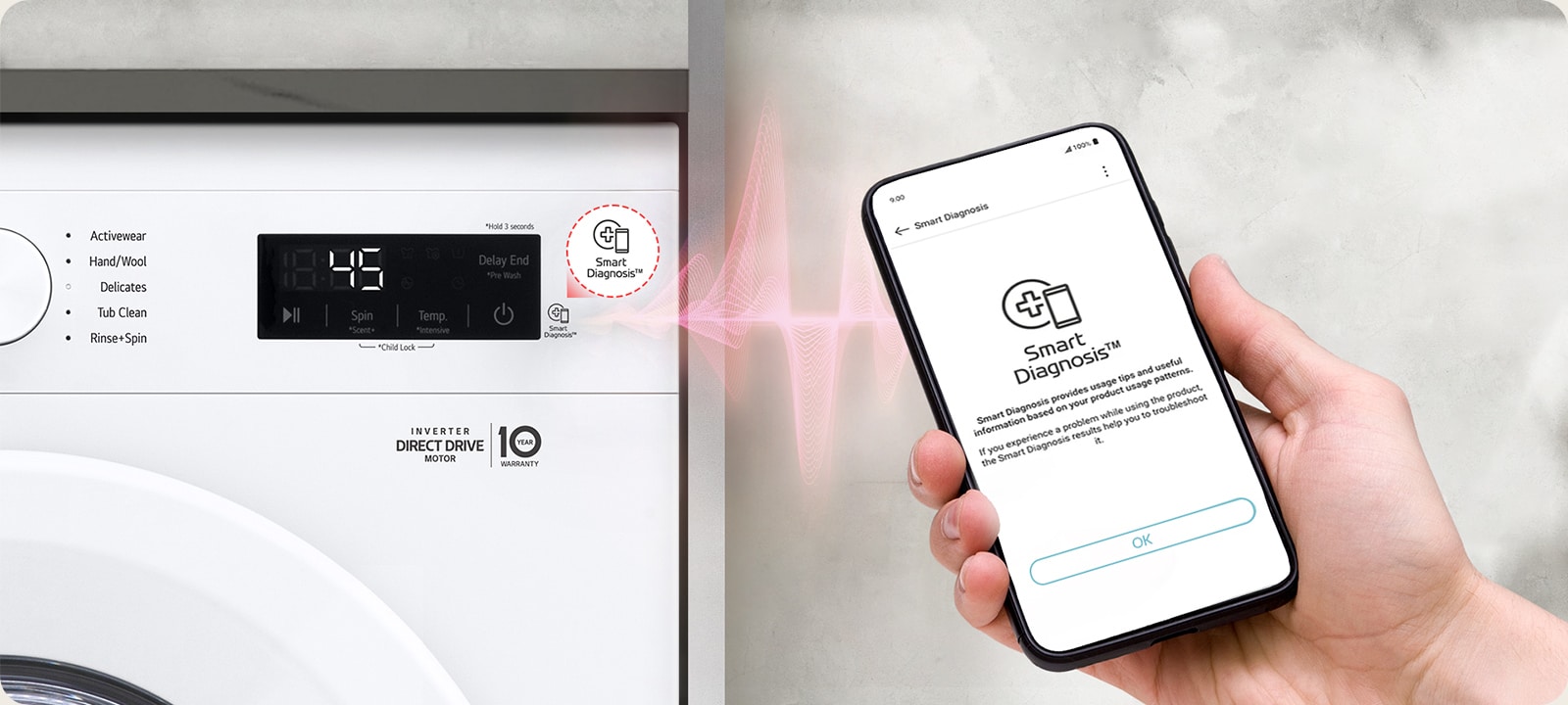 Smart Diagnostics™ ช่วยให้คุณตรวจสอบปัญหาเครื่องซักผ้าของคุณผ่านทางโทรศัพท์มือถือ