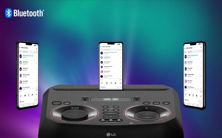 สมาร์ทโฟนอยู่บน LG XBOOM พร้อมกับสมาร์ทโฟนอีกสองเครื่องที่ลอยอยู่รอบ ๆ โลโก้ Bluetooth อยู่ที่มุมบนซ้าย