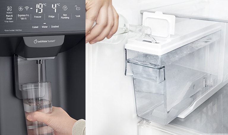 วิดีโอเริ่มต้นด้วยภาพซูมเข้าของช่องกดน้ำ ด้านนอกของตู้เย็นมีลักษณะใส มองเห็นด้านในของประตูและชิ้นส่วนกลไกของหัวฉีดในช่องกดน้ำ วิดีโอซูมเข้าเพิ่มเติมเพื่อแสดงหยดน้ำขณะที่ไหลผ่านส่วน UVnano ของหัวฉีด ซึ่งช่วยลดแบคทีเรีย ภาพซูมออกกลับมาเพื่อแสดงด้านนอกของตู้เย็นอีกครั้ง ขณะที่น้ำไหลลงแก้ว