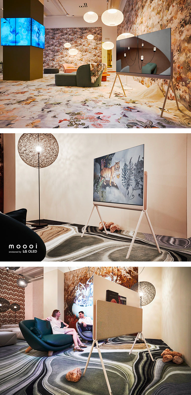 Posé เป็นส่วนหนึ่งของ Divine Dreams Collection ของ Moooi แสดงภาพการตกแต่งภายในที่ทันสมัยบนหน้าจอ และรายล้อมไปด้วยการตกแต่งที่แสดงผีเสื้อและดอกไม้ที่แอบมองผ่านก้อนเมฆ Posé มองจากด้านหน้าโดยเป็นส่วนหนึ่งของ Defy Gravity Collection ของ Moooi มีงานศิลปะรูปเสือบนหน้าจอ และอยู่บนพรมที่เลียนแบบชั้นหิน Posé มองจากด้านหลัง โดยเป็นส่วนหนึ่งของ Defy Gravity Collection ของ Moooi มีหนังสือเกี่ยวกับอวกาศอยู่ในที่เก็บสายเชื่อมต่อและอุปกรณ์เสริม Mooi จินตนาการ พร้อมโลโก้ LG OLED