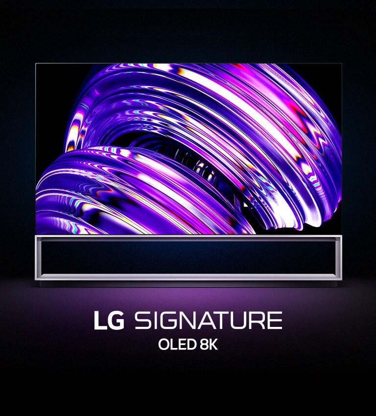 โครงร่างของ LG OLED Z2 ปรากฏบนพื้นหลังสีดำ เมื่อโทรทัศน์สร้างขึ้นมาอย่างสมบูรณ์ ภาพสีม่วงแบบนามธรรมจะปรากฏขึ้นบนหน้าจอ และคำว่า "LG SIGNATURE OLED 8K" จะปรากฏขึ้นด้านล่าง