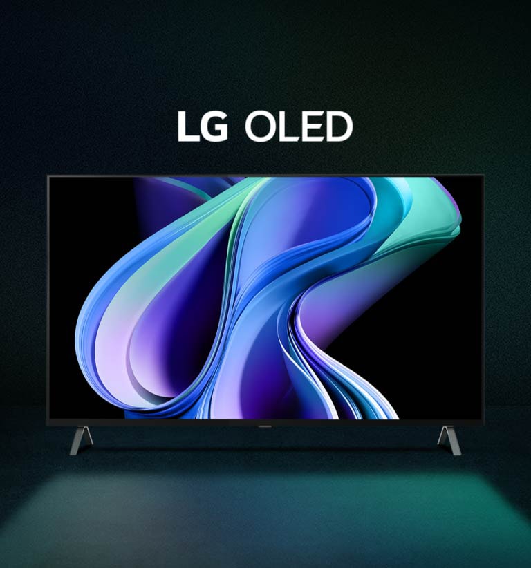  วิดีโอของ LG OLED A3 ปรากฏบนพื้นหลังไล่ระดับสีดำ น้ำเงิน และเขียว พร้อมด้วยอาร์ตเวิร์กนามธรรมสีสันสดใสที่คล้ายกันบนหน้าจอ ภาพขยายใหญ่ขึ้น และคำว่า LG OLED ปรากฏเป็นสีขาว 	