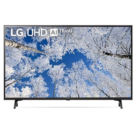 มุมมองด้านหน้าของทีวี LG UHD พร้อมรูปภาพและโลโก้ผลิตภัณฑ์