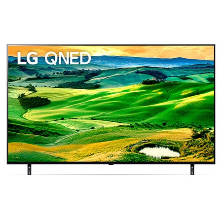มุมมองด้านหน้าของทีวี LG QNED พร้อมรูปภาพและโลโก้ผลิตภัณฑ์