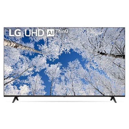 มุมมองด้านหน้าของทีวี LG UHD พร้อมรูปภาพและโลโก้ผลิตภัณฑ์