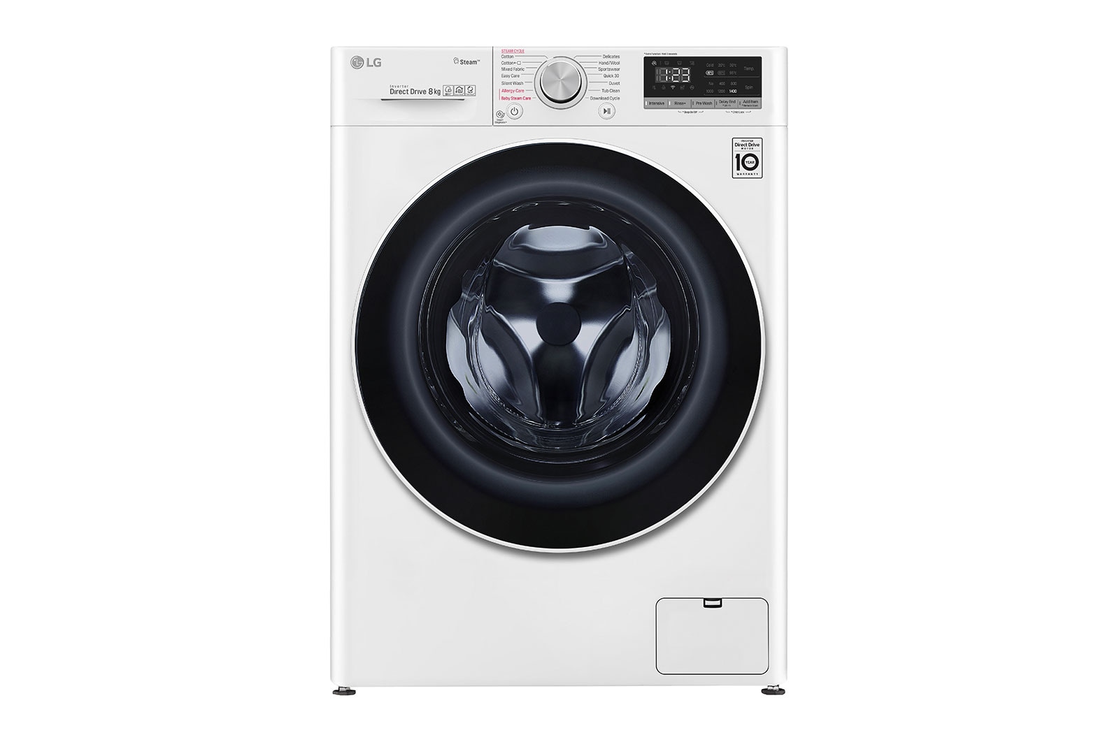 มุมมองด้านหน้าของ  เครื่องซักผ้าฝาหน้า รุ่น FV1408S4W ระบบ AI DD™ ความจุซัก 8 กก. พร้อม Smart WI-FI control ควบคุมสั่งงานผ่านสมาร์ทโฟน FV1408S4W