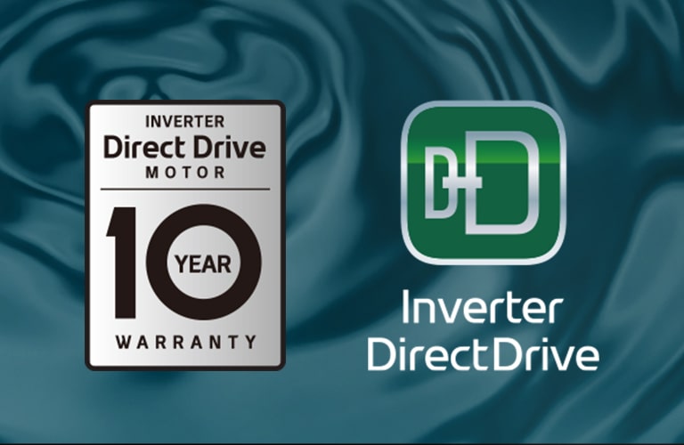 พื้นหลังเป็นรูปคลื่นที่นุ่มนวล พร้อมด้วยโลโก้การรับประกัน 10 ปีสำหรับ Inverter DirectDrive, โลโก้ Inverter DirectDrive