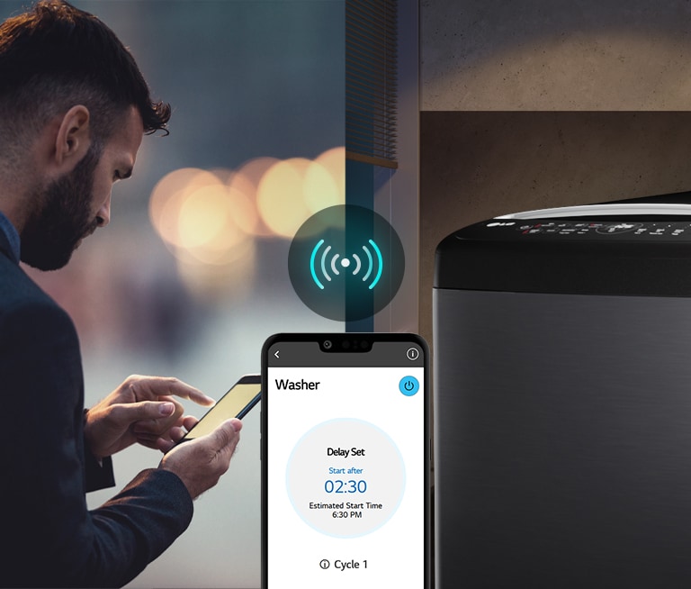 พื้นหลังเป็นรูปคลื่นที่นุ่มนวล พร้อมด้วยโลโก้การรับประกัน 10 ปีสำหรับ Inverter DirectDrive, โลโก้ Inverter DirectDrive