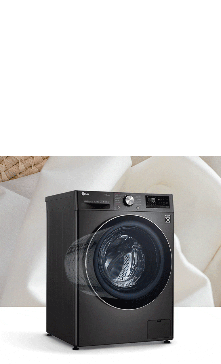 เครื่องซักผ้า LG ฝาหน้า TurboWash 360 สีดำ 12 กก. ตั้งอยู่บนพื้นสีขาวสะอาดตา