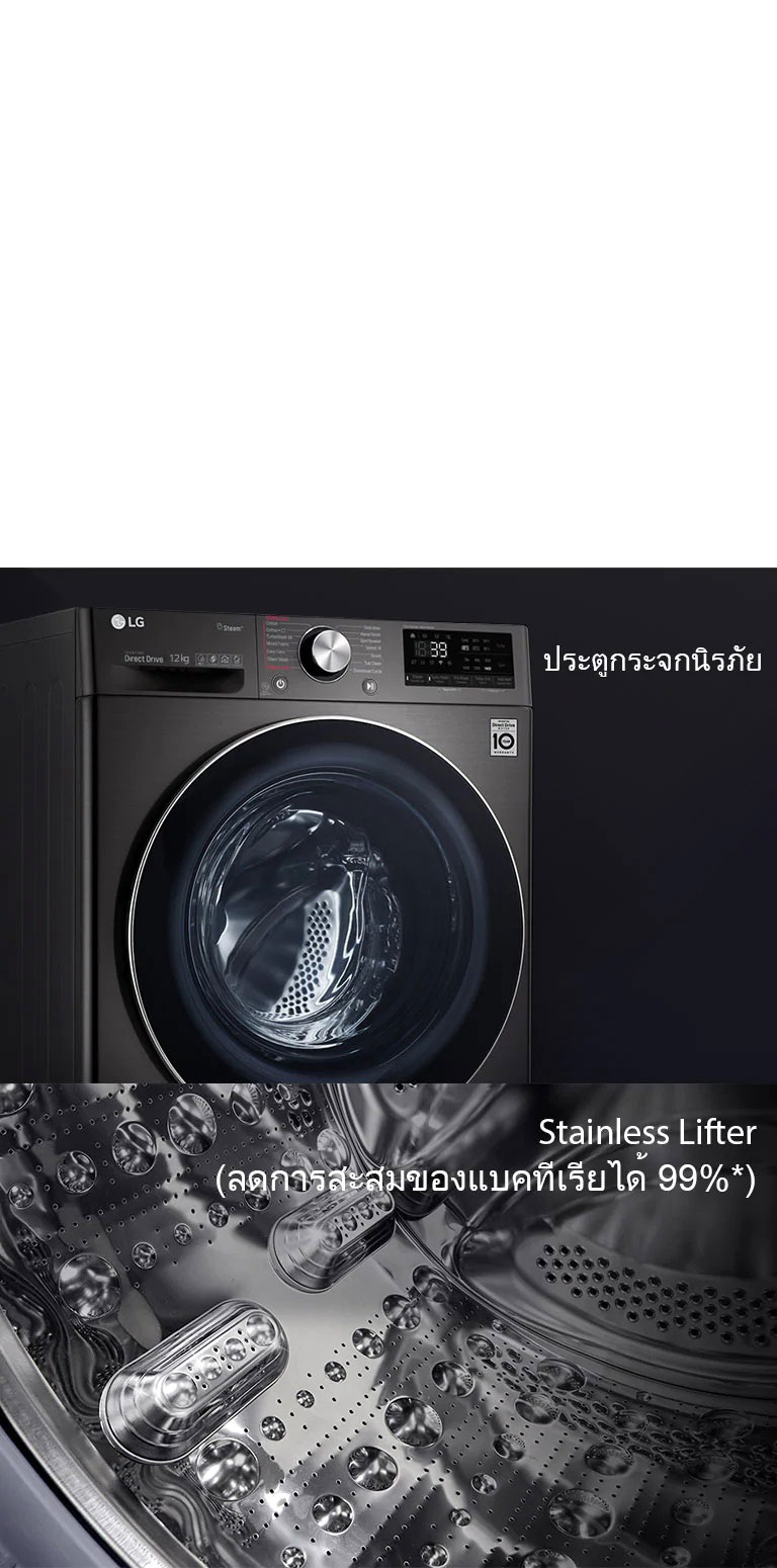 แผงควบคุมขนาดใหญ่พร้อมหน้าจอแสดงผลและปุ่มหมุนเลือกโปรแกรมบนเครื่องซักผ้า LG สีดำ