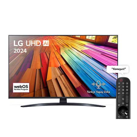 LG UHD TV, UT81’un önden görünümü. Ekranda LG UHD AI ThinQ, 2024 yazısı ve webOS Yenileme Programı logosu yer alıyor.