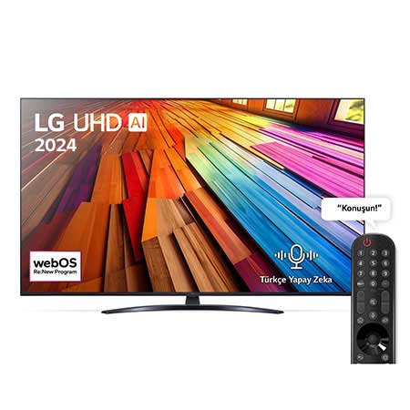 LG UHD TV, UT81’un önden görünümü. Ekranda LG UHD AI ThinQ, 2024 yazısı ve webOS Yenileme Programı logosu yer alıyor.