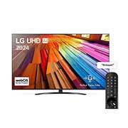 LG UHD TV, UT81’un önden görünümü. Ekranda LG UHD AI ThinQ, 2024 yazısı ve webOS Re:New Program logosu yer alıyor.