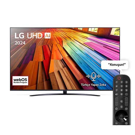 LG UHD TV, UT81’un önden görünümü. Ekranda LG UHD AI ThinQ, 2024 yazısı ve webOS Re:New Program logosu yer alıyor.