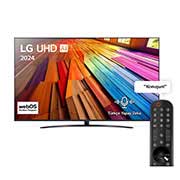 LG UHD TV, UT81’un önden görünümü. Ekranda LG UHD AI ThinQ, 2024 yazısı ve webOS Re:New Program logosu yer alıyor.