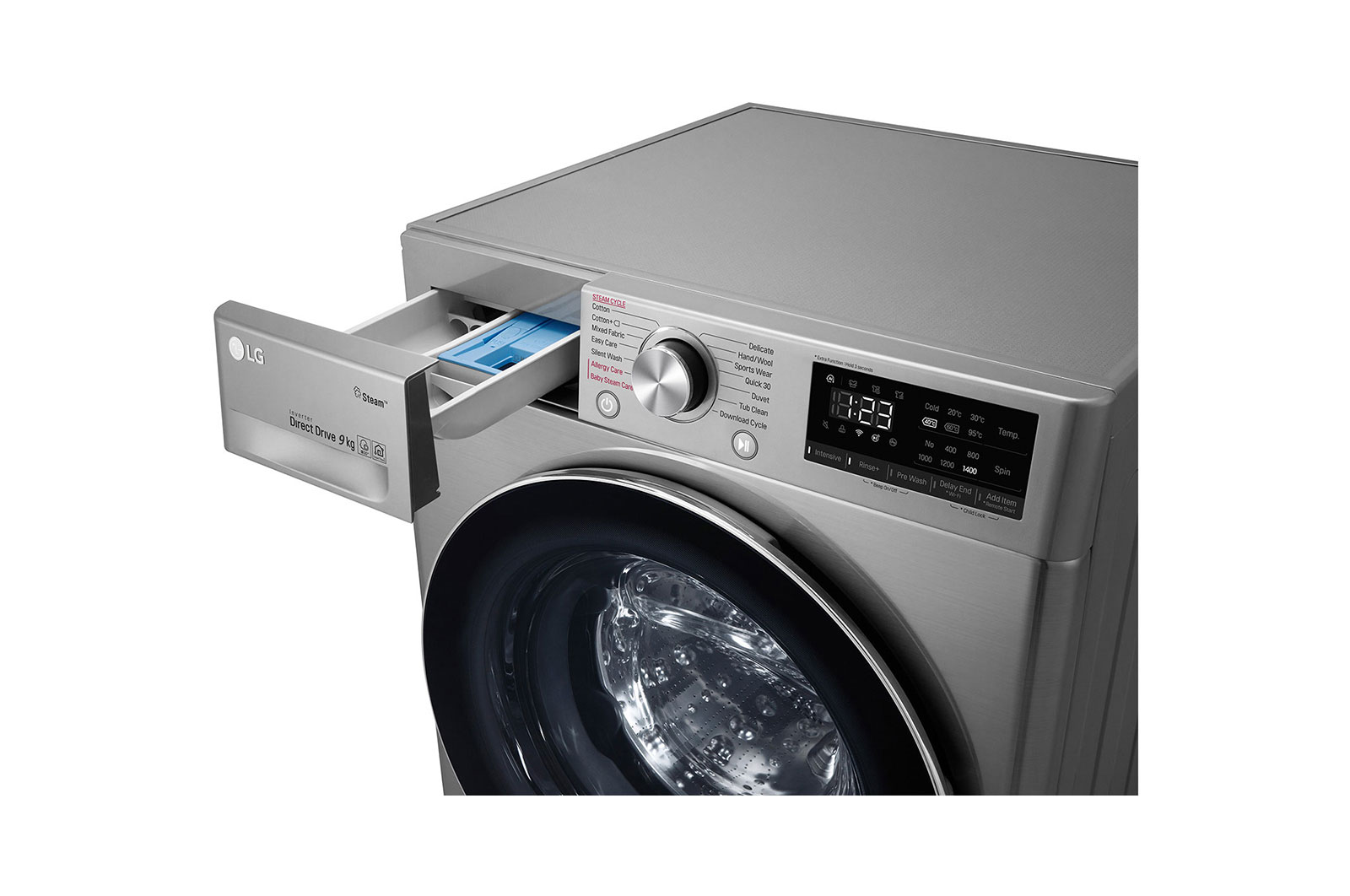 LG Çamaşır Makinesi 9 Kg Yıkama 1400 Devir Buharlı Steam™ WiFi D Enerji Metalik Gri, F4R5VYW2T