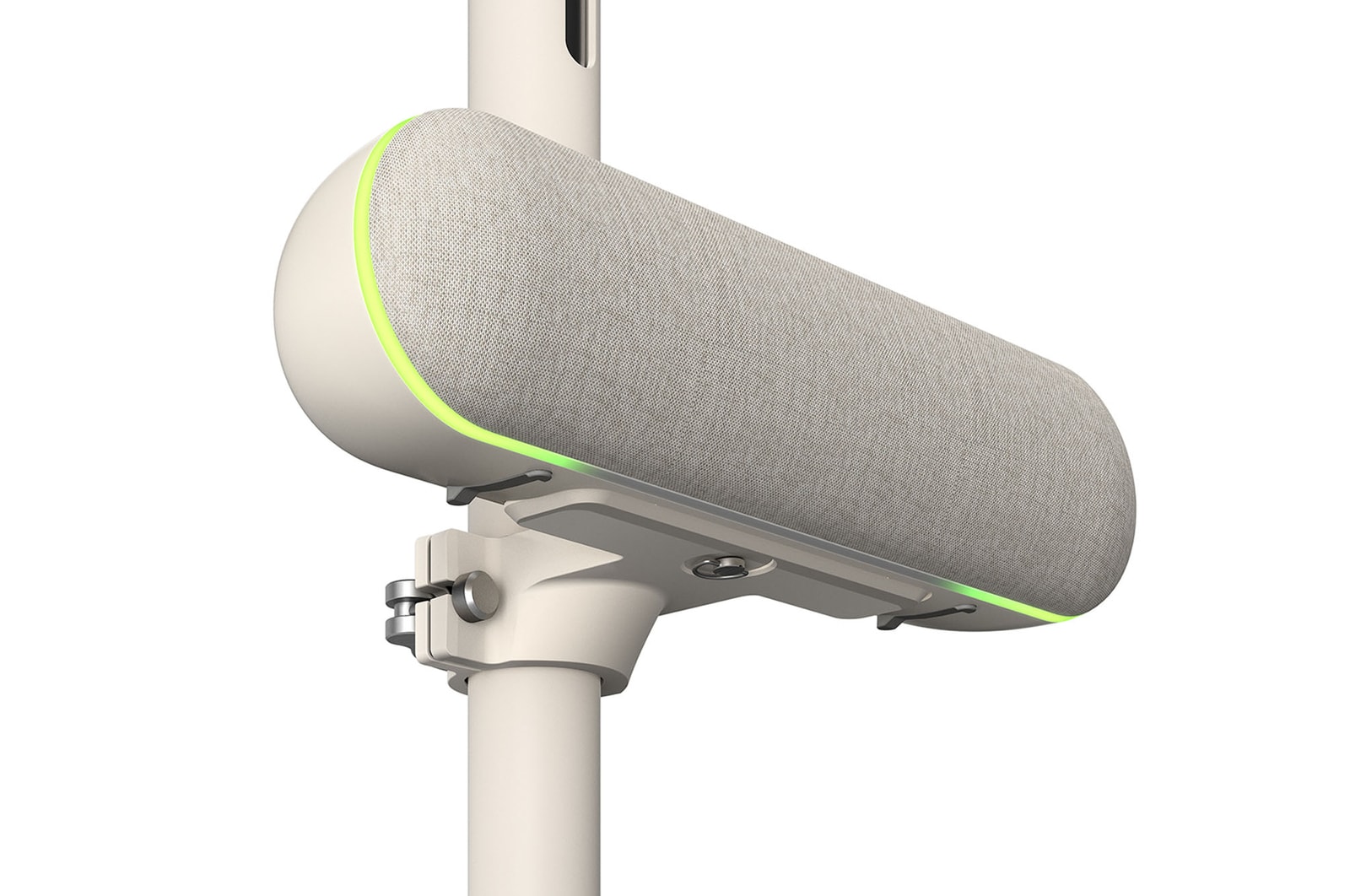 LG StanbyME’ye bağlı hoparlörün sol taraf önde yakından görünümü. Yeşil mod aydınlatması açık.