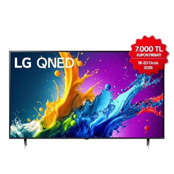 LG QNED TV, QNED80’un önden görünümü. Ekranda LG QNED, 2024 yazısı ve webOS Re:New Program logosu yer alıyor.